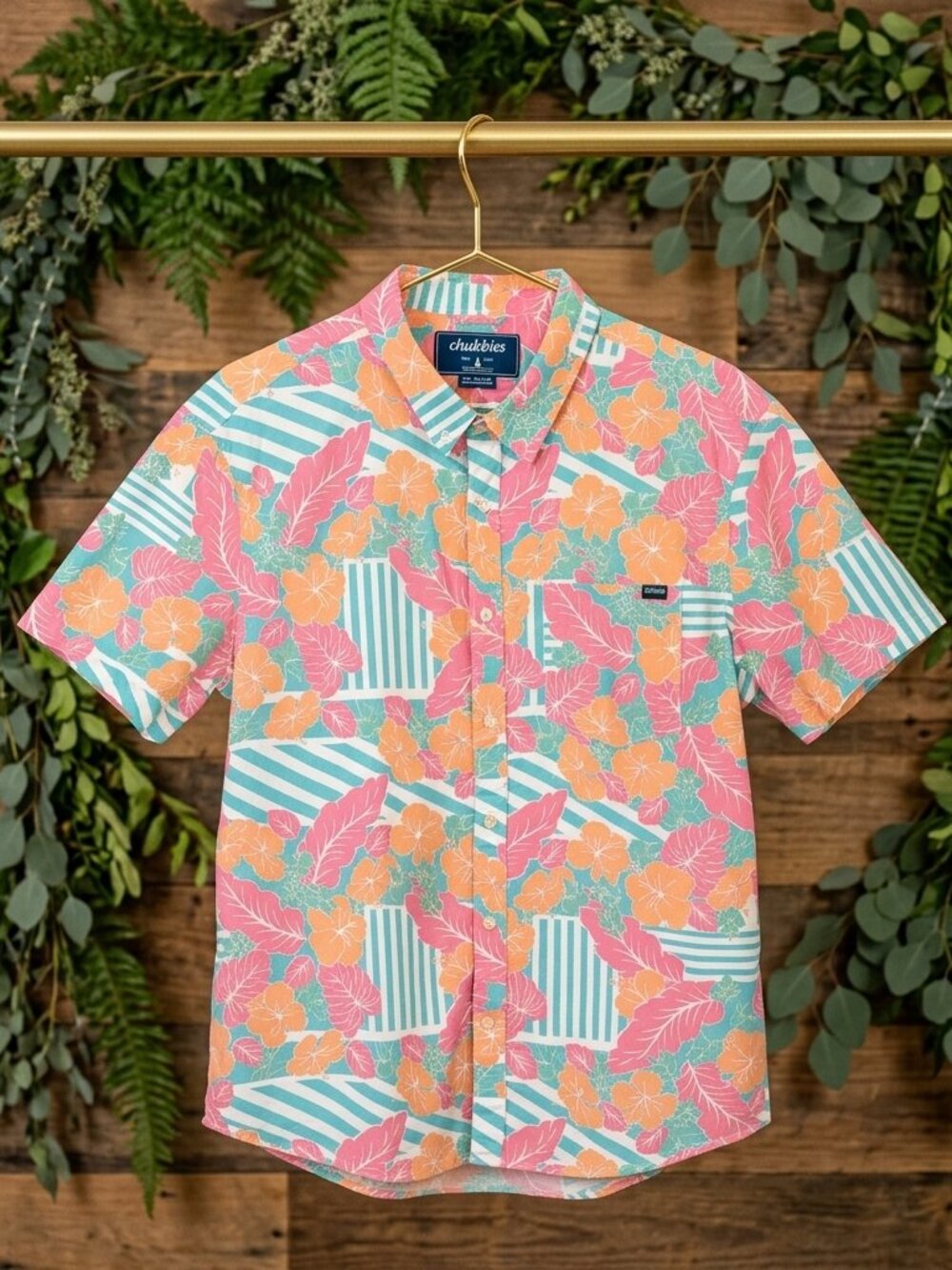 Chubbies Mens XL Camp Shirt Pink Orange Teal Tropical Print Resort Wear Hawaiian